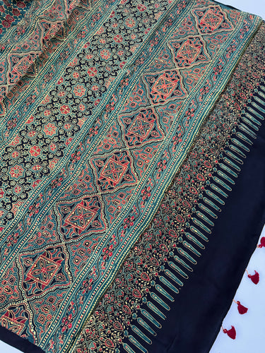 Ajrakh hand block printed modal silk saree | Dark Green | Ships from California
